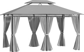 Outsunny Gazebo 4x3 m cu 6 Perdele și Acoperiș cu 2 Niveluri, din Oțel și Poliester, Gri Închis | Aosom Romania