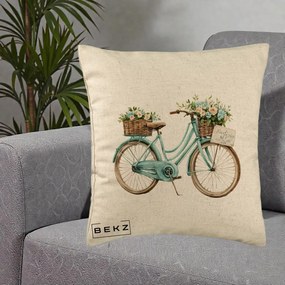 Perna Decorativa Bicicleta Teal cu Cosuri Duble de Flori Vintage, 40x40 cm, Bej, Husa Detasabila, Perna Inclusa, BEKZ®