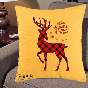 Perna Decorativa Ren Buffalo Plaid Craciun, 40x40 cm, Galben, Husa Detasabila, Perna Inclusa, BEKZ®