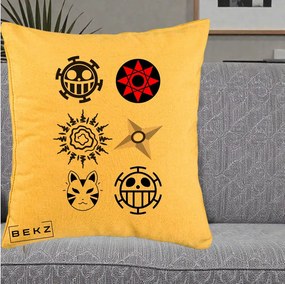Perna Personalizata Simboluri Anime Mix - Naruto One Piece, 40x40 cm, Galben, Husa Detasabila, Perna Inclusa, BEKZ®