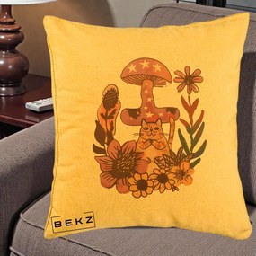 Perna Decorativa Ciuperca Pisica Boho, 40x40 cm, Galben, Husa Detasabila, Perna Inclusa, BEKZ®