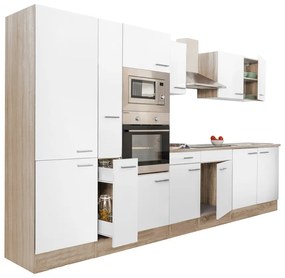 Mobilă de bucătărie Yorki 360, corp din stejar Sonoma, față alb satinat, cu dulap cu raft