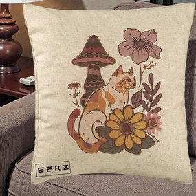 Perna Decorativa Pisica Vintage Florala Boho, 40x40 cm, Bej, Husa Detasabila, Perna Inclusa, BEKZ®