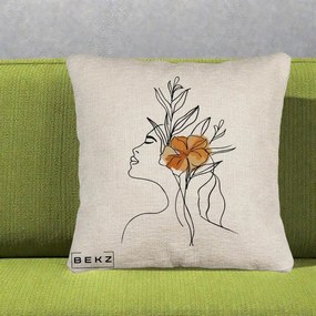 Perna Decorativa Portret Feminin Floare Portocalie Lateral, 40x40 cm, Bej Canapea, Husa Detasabila, Perna Inclusa, BEKZ®
