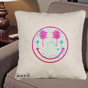 Perna Decorativa Smiley Face Tropical Glitter Roz, 40x40 cm, Bej Canapea, Husa Detasabila, Perna Inclusa, BEKZ®