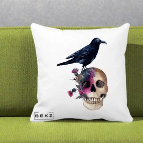 Perna Decorativa Craniu cu Corb si Flori Gothic, 40x40 cm, Alba Mata, Husa Detasabila, Perna Inclusa, BEKZ®