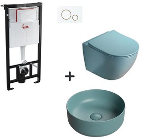 Set vas wc rimless cu capac soft close, lavoar baie verde turcoaz rotund si rezervor wc cu clapeta alba detalii aurii