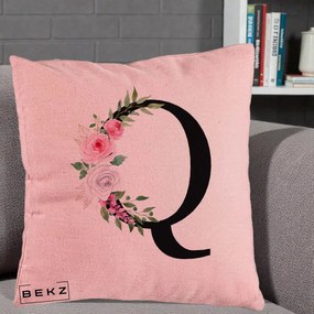 Cadou Personalizat - Perna Personalizata Monograma Florala Litera Q, 40x40 cm, Roz, Husa Detasabila, Perna Inclusa, BEKZ®