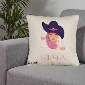 Perna Personalizata Zodiac Balanta Cowgirl, 40x40 cm, Bej Canapea, Husa Detasabila, Perna Inclusa, BEKZ®