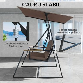 Outsunny Balansoar de Grădină cu 3 Locuri și Acoperiș Reglabil, Balansoar de Exterior din Metal cu Tăvi pentru Băuturi, Perne Imbătute, Capacitate 360kg, pentru Terasă sau Balcon, 222x131x175 cm, Maro | Aosom Romania