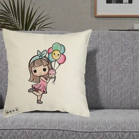 Perna Decorativa Fetita Kawaii cu Baloane si Cupcake, 40x40 cm, Ecru, Husa Detasabila, Perna Inclusa, BEKZ®