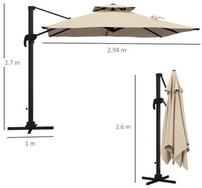 Outsunny Umbrelă de Soare cu Braț Înclinat în 6 Poziții cu Acoperiș pe 2 Niveluri, Umbrelă de Grădină din aluminiu și poliester, 294x294 cm, kaki | Aosom Romania