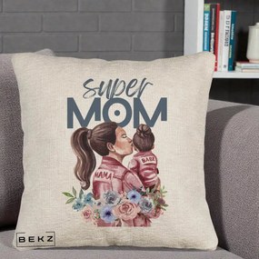 Cadou pentru Mama - Perna Personalizata Super Mom Mama cu Bebelusul, 40x40 cm, Bej Canapea, Husa Detasabila, Perna Inclusa, BEKZ®