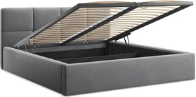 Pat matrimonial gri închis tapițat din catifea cu spațiu de depozitare cu somieră 140x200 cm Hiko – Makamii