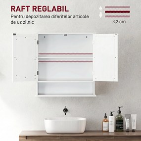 kleankin Dulap Suspendat pentru Baie cu 2 Uși cu Oglindă și Raft Deschis, Raft Interior Reglabil, Mânere Metalice, 56x13x58 cm, Alb | Aosom Romania