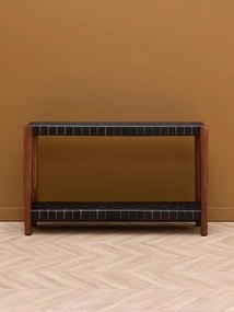 Consolă din lemn de mango și piele naturală împletită, cu 2 niveluri, maro antichizat, finisaj satinat, 130×35×78.5 cm, „Klami"