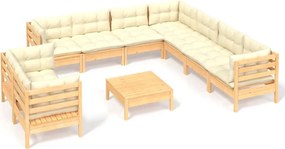 vidaXL Set mobilier grădină cu perne crem, 10 piese, lemn masiv de pin