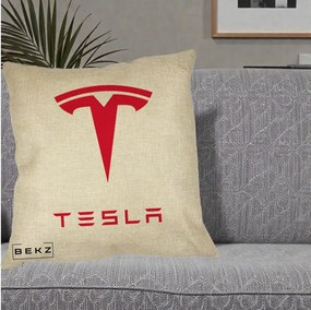 Perna Personalizata cu emblema Tesla, 40x40 cm, Crem, Husa Detasabila, Perna Inclusa, BEKZ®