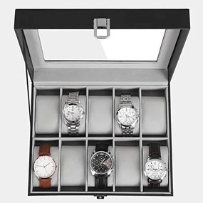 Cutie pentru ceasuri, 25.5 x 20.2 x 7.8 cm, MDF / catifea, negru / gri, Songmics