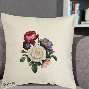 Perna Decorativa Buchet Trandafiri Bujori Botanical, 40x40 cm, Ecru, Husa Detasabila, Perna Inclusa, BEKZ®