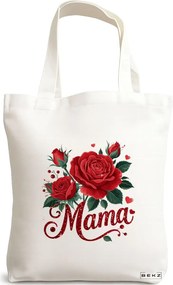 Sacosa de Panza pentru Cumparaturi, Geanta Tote, model Mama Red Roses 38 x 34.5 cm, Alba, BEKZ®