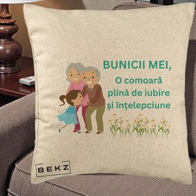 Cadou pentru Bunici - Perna Personalizata Bunicii Mei Comoara Iubire Intelepciune Nepoata, 40x40 cm, Bej, Husa Detasabila, Perna Inclusa, BEKZ®