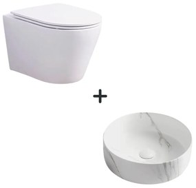 Set vas wc rimless cu capac soft close Oslo plus lavoar baie rotund cu efect marmura
