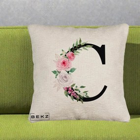 Cadou Personalizat - Perna Personalizata Monograma Florala Litera C, 40x40 cm, Bej Canapea, Husa Detasabila, Perna Inclusa, BEKZ®