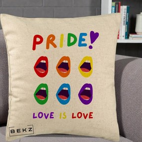 Perna Personalizata Pride Love is Love Curcubeu, 40x40 cm, Bej, Husa Detasabila, Perna Inclusa, BEKZ®