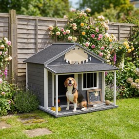 PawHut Casuță din Lemn de Exterior pentru Câini, Cușcă pentru Câini cu Terasă, Fereastră și Acoperiș Impermeabil, 124x112x105 cm, Gri | Aosom Romania