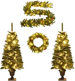 vidaXL Brazi de Crăciun artificiali, 2 buc., coroană, ghirlandă și LED