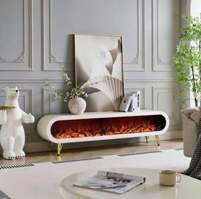 Șemineu electric cu efect LED realist, Comodă TV cu design oval, control vocal și telecomandă, fără încălzire, 180 cm, Alb