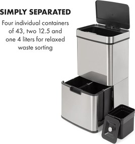 Klarstein Touchless, coș de gunoi, cu senzor, 72 de litri, 4 recipiente, ABS/PP/oțel inoxidabil