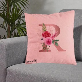 Cadou Personalizat - Perna Personalizata Monograma Rose Gold Litera R, 40x40 cm, Roz, Husa Detasabila, Perna Inclusa, BEKZ®
