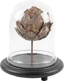Cupolă decorativă din sticlă, anghinare din metal cu petale sculptate, gri, bază din lemn de mango, finisaj antichizat, 26 x 23 cm, „Artichaut”
