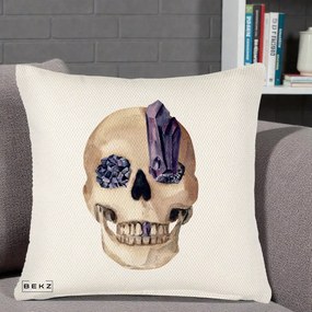 Perna Decorativa Craniu cu Cristale de Ametist, 40x40 cm, Crem Reliefat, Husa Detasabila, Perna Inclusa, BEKZ®