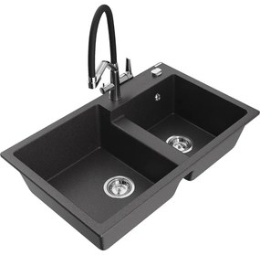 Mexen Tomas chiuvetă de bucătărie din granit cu 2 compartimente, cu baterie de bucătărie Duo, negru cu pete - 6516-76-671701-07