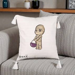 Perna Decorativa Halloween Mummy Kawaii cu Cos, 40x40 cm, Bej cu Franjuri, Husa Detasabila, Perna Inclusa, BEKZ®