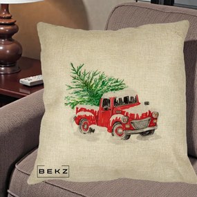Perna Decorativa Camioneta Rosie Brad de Craciun, 40x40 cm, Crem, Husa Detasabila, Perna Inclusa, BEKZ®