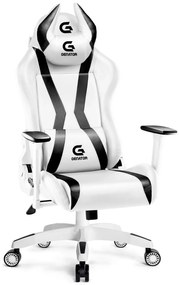 Scaun gaming, ergonomic, masaj pernă lombară, brațe reglabile 2D, piele PU, roți silențioase, rezistent 150 KG, Alb/Negru