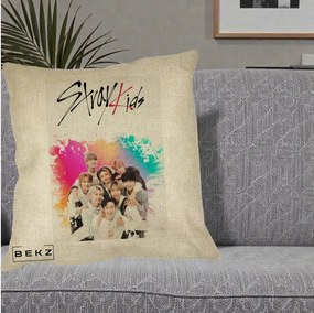 Perna Personalizata K-pop Stray Kids cu Splash Multicolor, 40x40 cm, Crem, Husa Detasabila, Perna Inclusa, BEKZ®