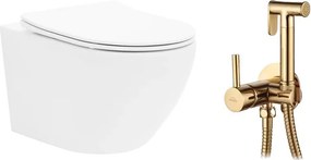 Pachet vas wc suspendat Rea Carlo Mini, capac softclose si set dus igiena intima auriu cu baterie incastrata Invena Bidetta