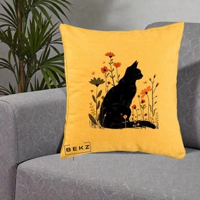 Perna Decorativa Pisica Neagra Profil Flori Portocalii, 40x40 cm, Galben, Husa Detasabila, Perna Inclusa, BEKZ®
