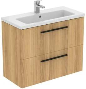 Set dulap baie suspendat stejar natural Ideal Standard i.Life S cu lavoar inclus 81 cm alb si maner negru