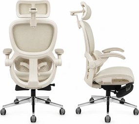 Scaun ergonomic MORATTI D5, Suport lombar dual 360°, Tetieră 4D, Șezut Zero-Pressure Frameless Mesh, Cotiere Flip-Back 4 poziții, Reclinare 135°, Suport picioare, Bej