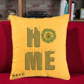 Perna Decorativa HOME Iarna cu Coroana, 40x40 cm, Galben, Husa Detasabila, Perna Inclusa, BEKZ®