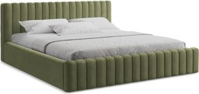 Pat matrimonial verde tapițat cu spațiu de depozitare cu somieră 140x200 cm Lemi – Makamii