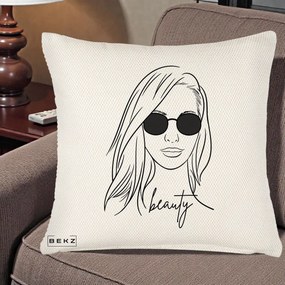 Perna Decorativa Beauty Girl Line Art, 40x40 cm, Crem Reliefat, Husa Detasabila, Perna Inclusa, BEKZ®