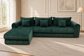 Colțar extensibil Sienna Mini din stofă raiată, verde, colț pe stânga, cu ladă de depozitare