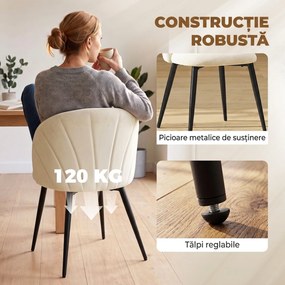HOMCOM Set 2 Scaune Dining cu Spătar Tip Scoică și Picioare Metalice, Catifea, Crem | Aosom Romania